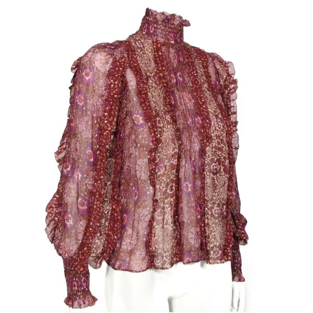 Ulla Johnson Burgundy Floral Ruffled High-Neck Blouse